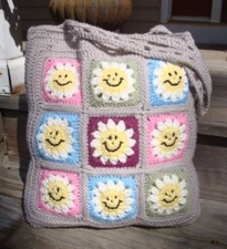 CROCHET KNIT Granny Square Tote Handbag Shoulder Smiley Daisy Boho Hippie Purse