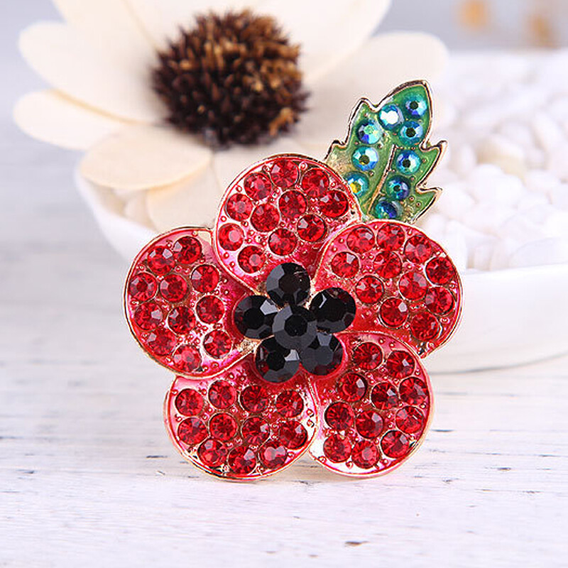 Crystal Enamel Pin Brooch - Gold Tone Poppy Design - Christmas Decor Or Badge