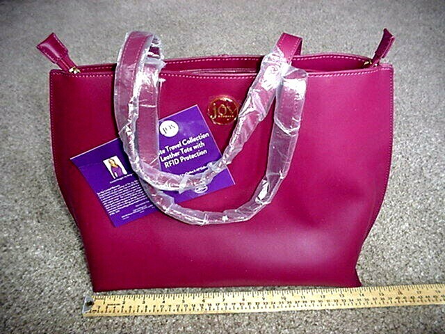 Joy Mangano E*Lite RFID Leather Travel Tote in Wine Red with Rain Cover