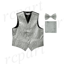New Vesuvio Napoli Men's paisley Tuxedo Vest Waistcoat Bowtie  Hankie Silver