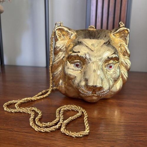 Gold Metal Crystal Rhinestone Lion Head Clutch Purse 4.5”x 4.5”x 3.75" Italy