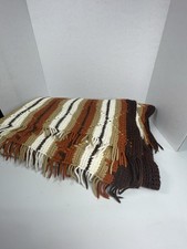 Vintage Handmade Crochet Afghan Throw Blanket 72x34 Brown Cream Striped Fringe