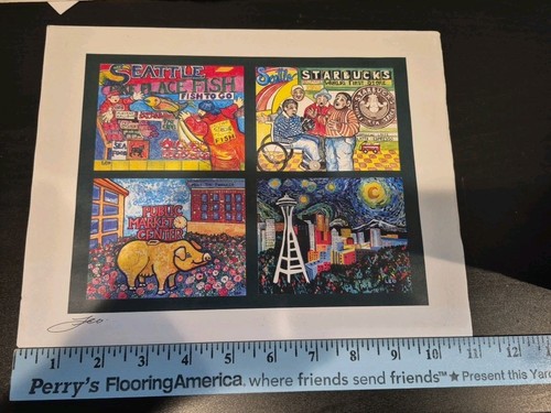 Signed Leo Ardo Print Collage 4 Scenes from Seattle, WA: Space Needle Starbucks - Picture 6 of 7