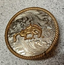 Collectible Vintage German Silver Bucking Bronco Belt Buckle Two Tone Swirls