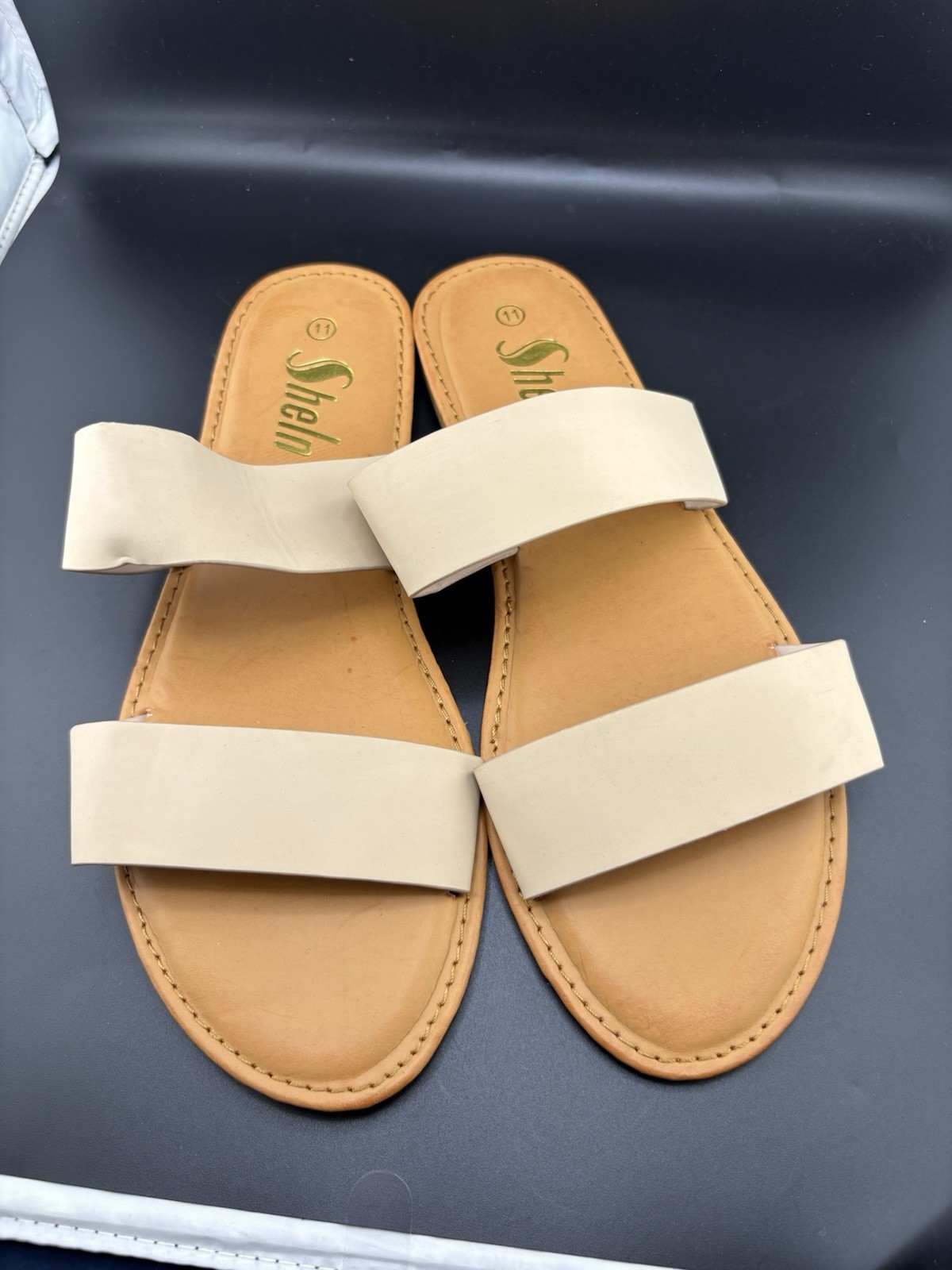 SheIn Womens Slide Sandals Size 11 Beige Double Strap Flat Slip On Slides