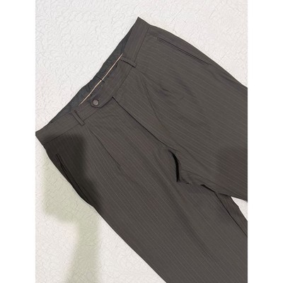 Vintage Hugo Boss 36x33 Pants Dark Brown Pinstripe Virgin Wool Pleated Cuffed