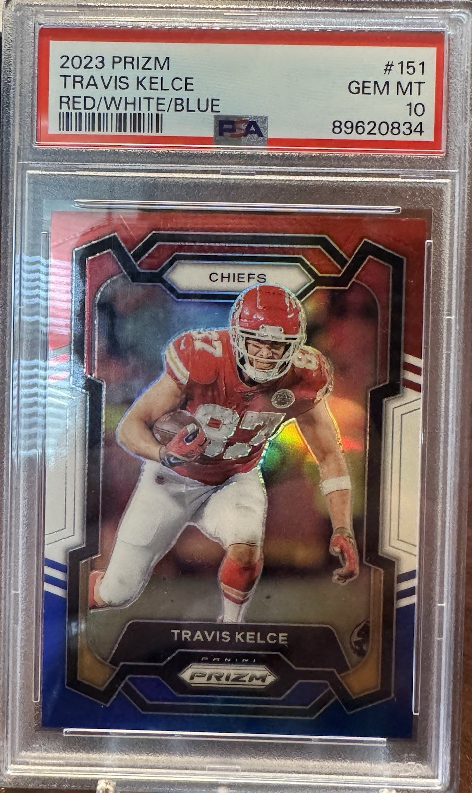 2023 Panini Prizm - Travis Kelce #151 Red White & Blue Prizm PSA 10 view 2