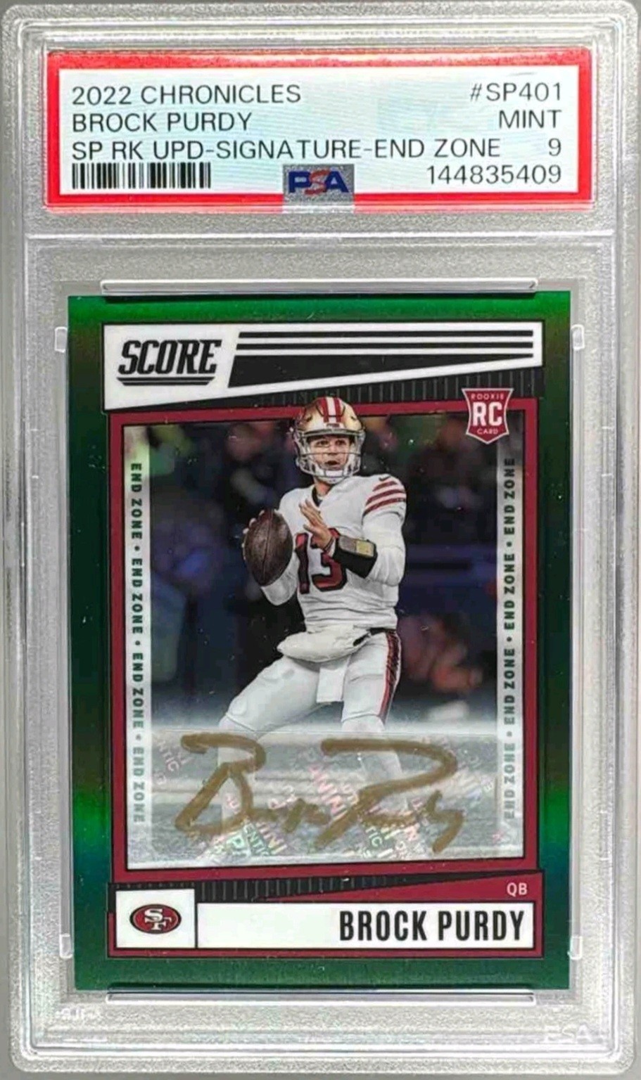2022 Panini Chronicles Score Premium End Zone Brock Purdy RC Auto #3/6 PSA 9