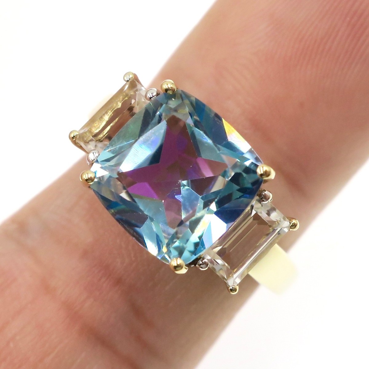 Fabulous 10k Solid Yellow Gold Genuine Mystic Topaz Cushion Cut Ring Size 