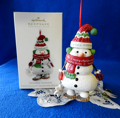 Hallmark Ornament 2011 Snowshoe Snowman Ceramic Dangly