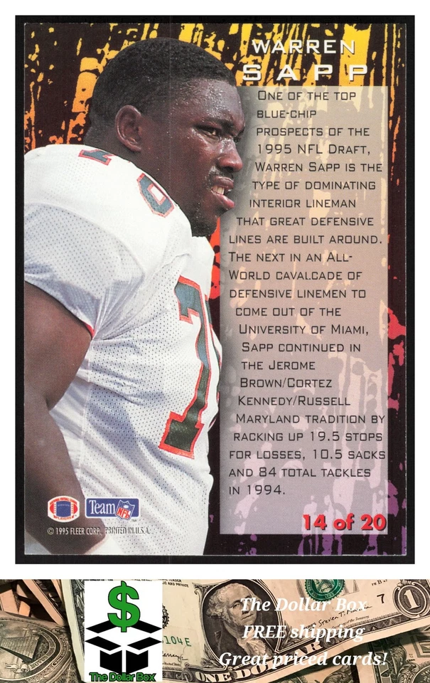 1995 Fleer NFL Prospects #14 Warren Sapp RC - Miami Hurricanes - Image 2 of 2