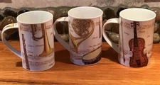 Beautiful Set Of 3 Dunoon Bone Mug Musical Instrument Design England