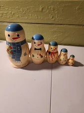  Frosty Snowman Family 5 Pc Wooden Nesting Figures Dolls Gift