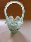 Fenton Green Satin Opalescent Spiral Optic Hand Painted Basket Signed By Artist