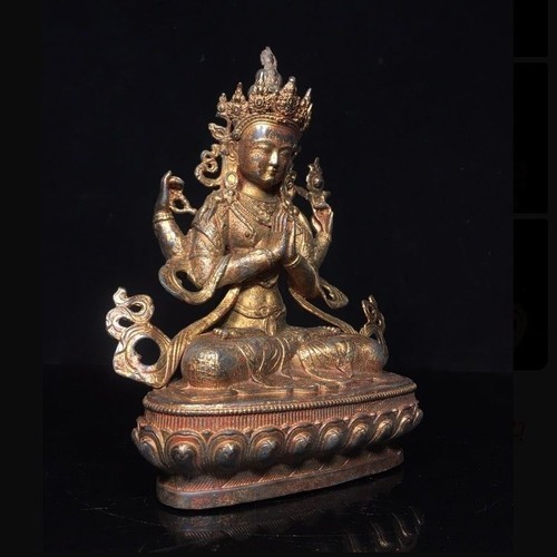 8 Zoll alte Chenrezig Kwan-yin 4 Arme Guanyin Idol Bronze vergoldet Vintage Buddha Statue - Bild 3 von 7