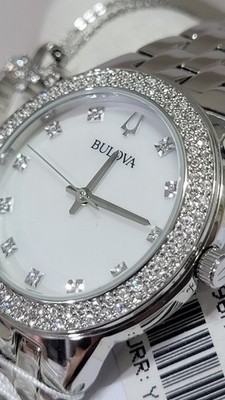 Bulova Women's Watch 96X144 Swarovski Crystals MOP White Dial