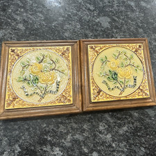 Set of 2 Beautiful Framed Glazed Majolica Art Nouveau Floral Yellow Rose Tiles