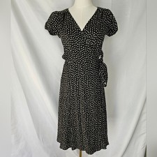 Banana Republic 100% Silk Polka Dot Wrap Dress Size 4 Black/Cream