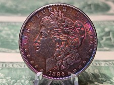 1886 P Morgan Dollar - AU+ Purple, Blue and Red Toning - BEAUTIFUL!