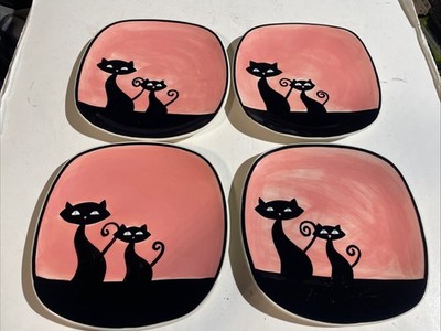 Hues N Brews 2 Black Cats Pink Plates 8'' X 8'' Set (4)