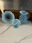 Fenton Blue Opalescent Large Bowl, Vase, Ruffled Coin Dot Pitcher-Make offer