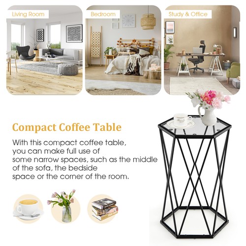 End Table Tempered Glass Top Metal Frame Hexagonal Accent Side Table Living Room - Picture 9 of 10