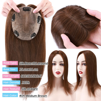 US Clip in Hairpiece 100% Real Remy Human Hair Topper Toupee Top Silk MONO Women