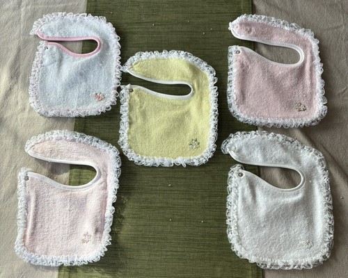 Baby Girl Bibs LACE PINK YELLOW Newborn Cotton Terry Cloth Lot 5 Piece Set USA - Picture 2 of 4