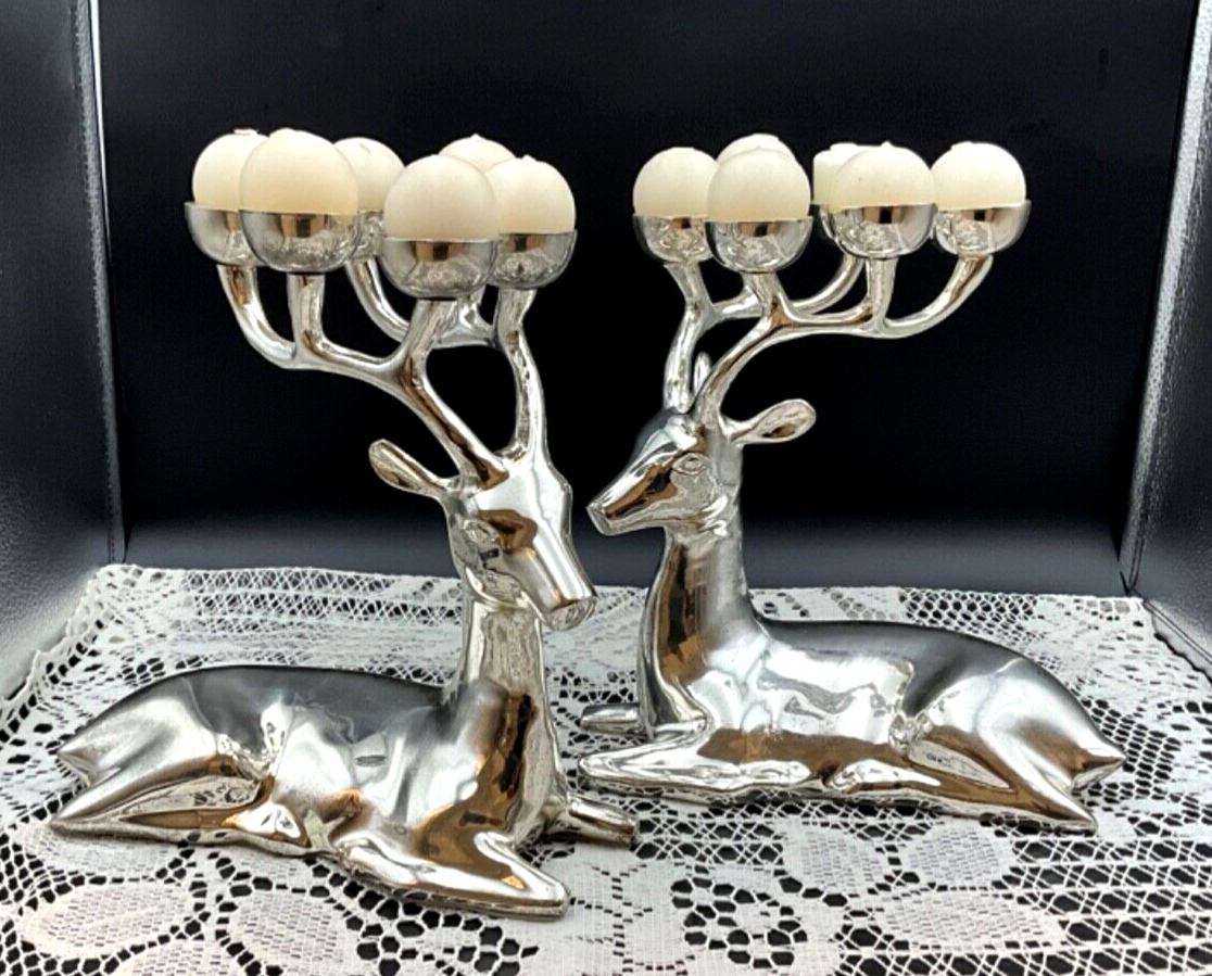 Traditions Reindeer Candle Holders Brass with Silver Plated Finish-image