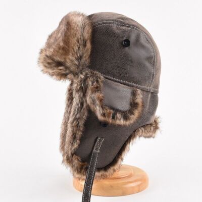 Men RussianFaux Leather Fur Hat Aviator Trapper Hat Winter Ski