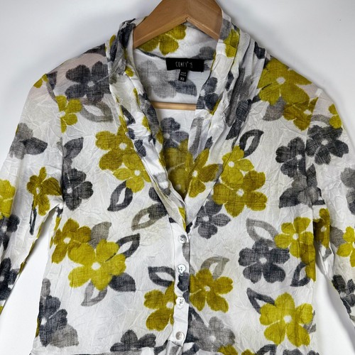 Comfy USA Extra Small Sheer Crinkle Floral Blouse Yellow Gray Peplum Hem Top - Picture 3 of 13