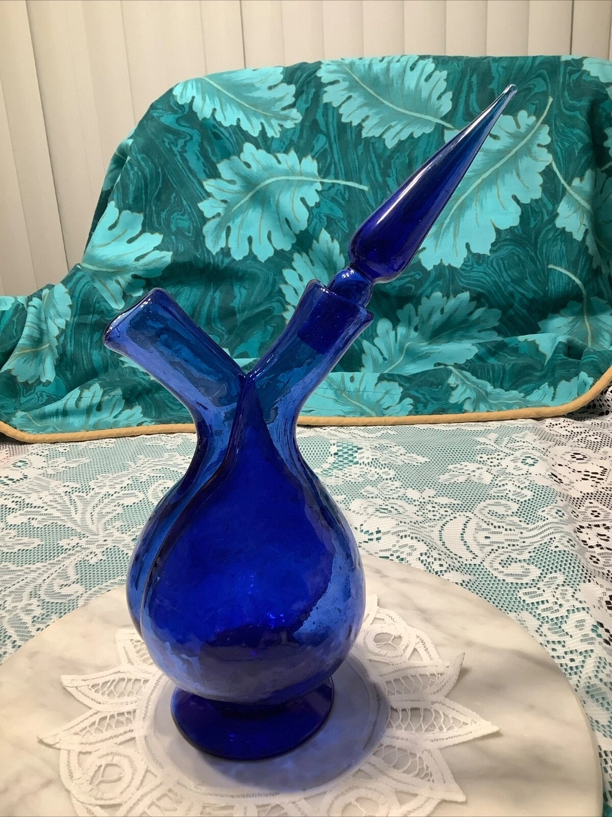 Vintage Blown Glass Oil & Vinegar - Cobalt Blue w/One Stopper - Fast Ship