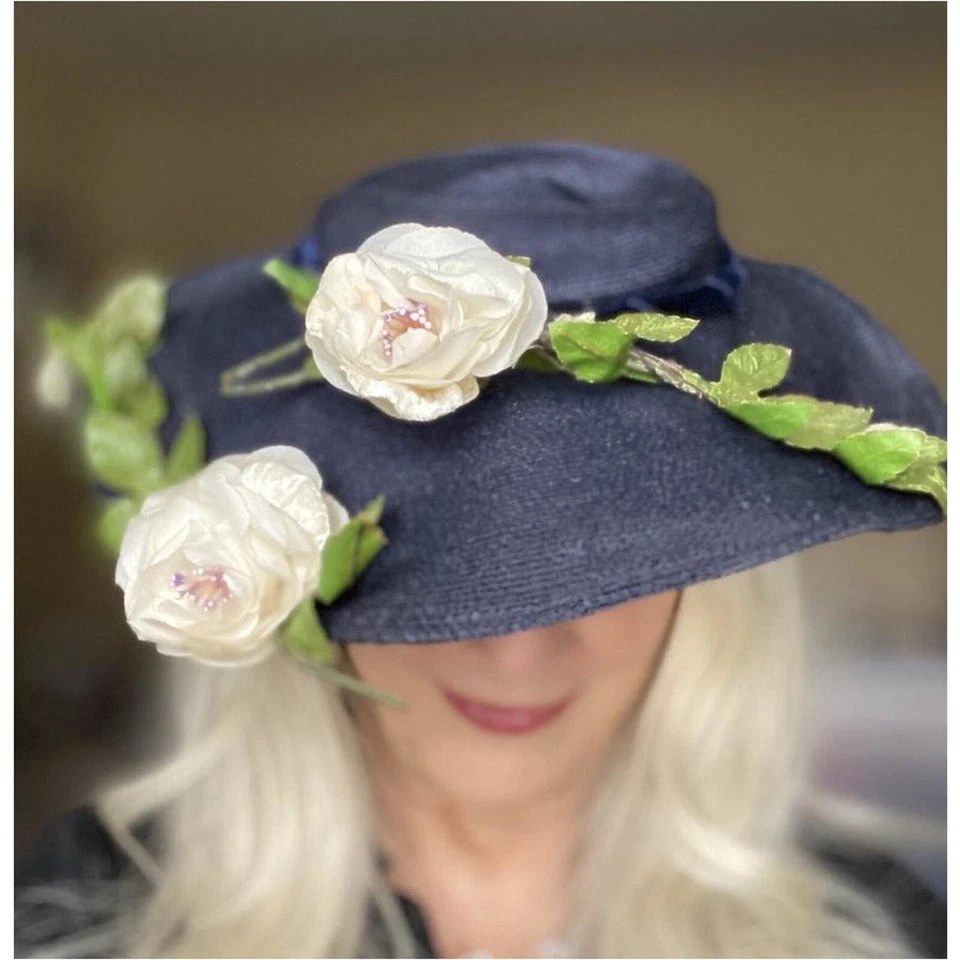 vtg RETRO 50s Womens Saucer Hat Wide Brim Church Dark Navy Straw Flowers O/S - Image 3 of 4