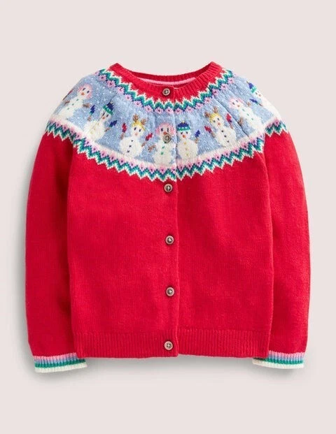 Mini Boden Fair Isle Cardigan Snowman Red NWT New 7 8