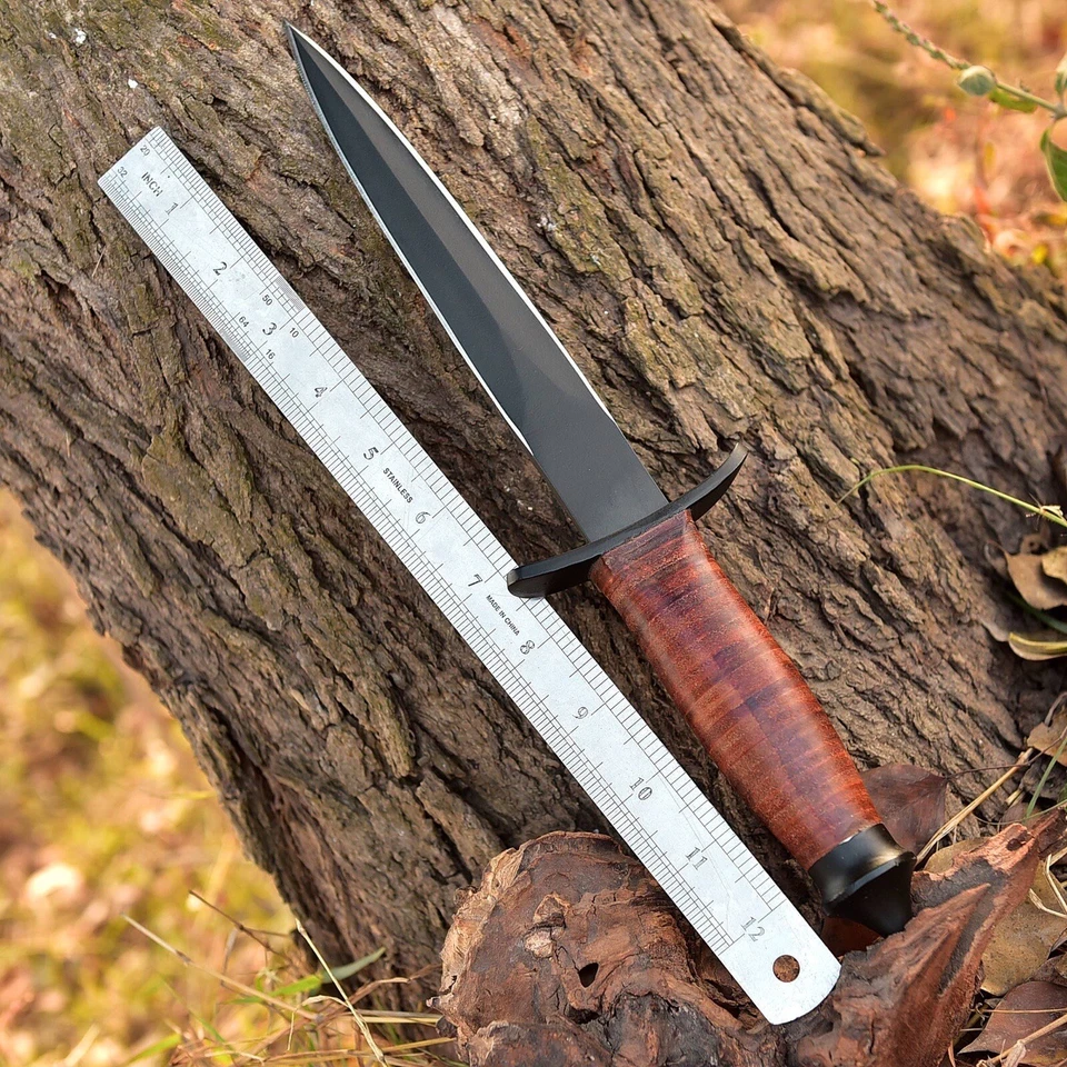 Cuchillo Daga Stiletto Militar Vintage Hecho a Mano Doble Borde V42 Cuero Apilado Foto 3 de 4