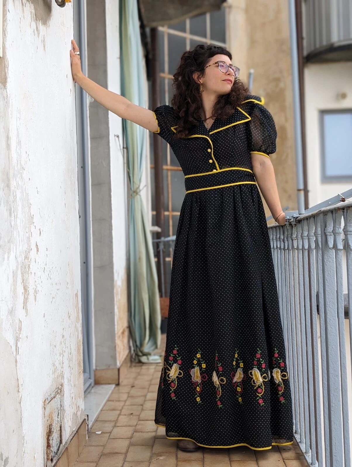 VINTAGE 1970’S POLKA DOT SEMI SHEER PUFF SLEEVE DRESS W FLORAL - FRENCH LABEL