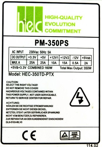 Power Supply HEC PM-350PS 350W ATX 20+4-Pin 12V 4-Pin 6-Pin 6xMolex 2xSATA - Picture 3 of 3