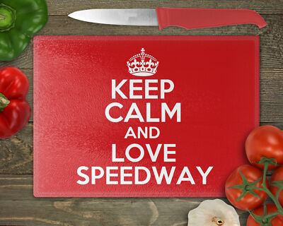 Keep Calm & Love Speedway - Glas Schneidebrett, Arbeitsplattenschoner - Geschenk, Hobby, Ki