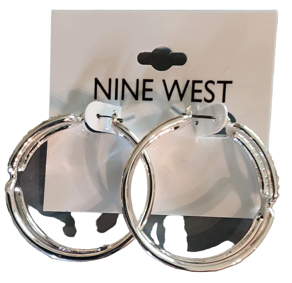 Pendientes de aro Nine West tono plata cristal estrás clip nuevos con etiquetas Foto 4 de 4