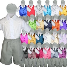 Boy Toddler Formal Vest Gray Shorts & Hat Suit Satin Vest Necktie Hat 5PC Set