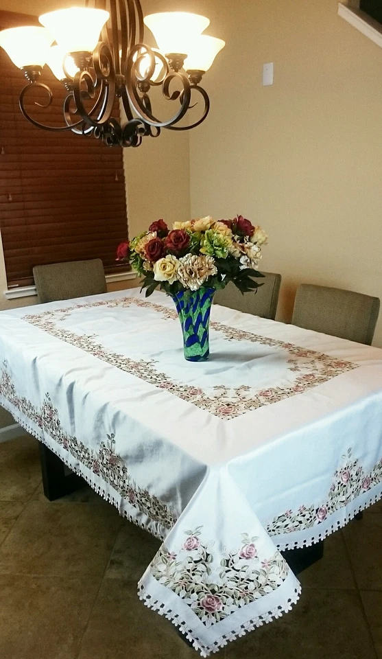 72x126 Embroidery Floral Pink Green Rose Cutwork Tablecloth Napkin Elegant Linen - Image 2 of 4