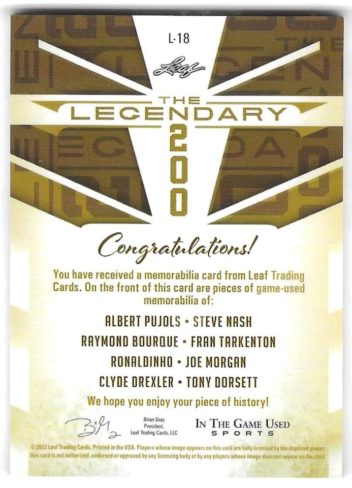 2022 Legendary 200 8 Patch #3/45 Pujols-Nash-Ronaldinho-Dorsett-Drexler-Morgan! - Image 2 of 2