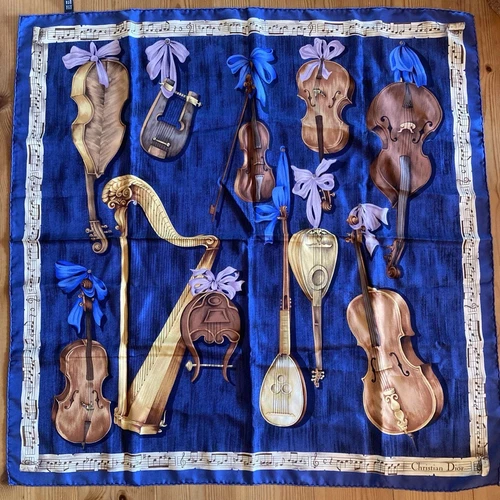 Authentique écharpe motif instrument de musique Christian Dior soie bleu marron 90 cm