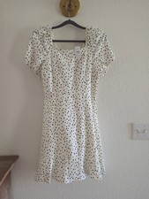 LOFT Womens Size 2 White & Black Polka Dot Tie Back Fit Flare Dress Linen Cotton