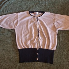 Vintage 80s Cream  Black Short Sleeve Button Up Sweater, Size M