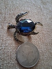 Cute Rhinestone/blue Glass Sea Turtle Pin Brooch 1.5 Animal Art Decor