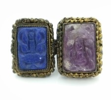 Vintage Chinese Export Carved Lapis & Amethyst Adjustable Ring Lot of 2 FZZ