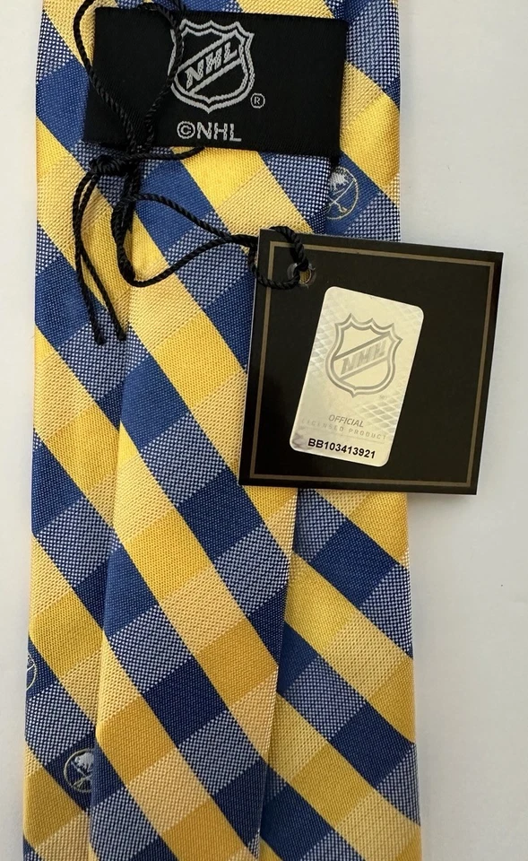 NWT Buffalo Sabres Woven Poly Check Tie Yellow/Blue NHL - Image 3 of 4