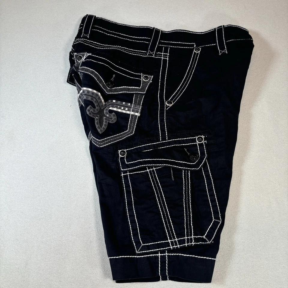 ROCK REVIVAL TALLA 31 BORDADO BOTÓN PKTS PUNTO GRUESO NEGRO CARGO SHORTS Foto 4 de 4