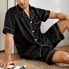 US Mens Short Sleeve Shirt Shorts Satin Silk Pajamas Set Sleepwear Nightwear